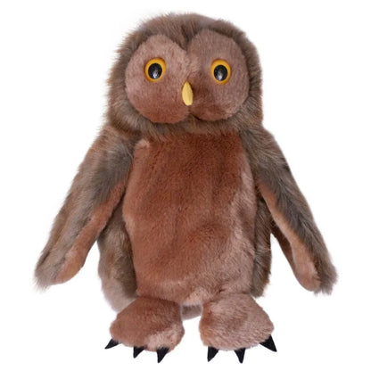 The Puppet Company CarPets Owl Puppet is a brown and tan plush owl with yellow eyes, a yellow beak, and black-tipped feet. This charming hand puppet stands upright against a white background, bringing family harmony to playtime.