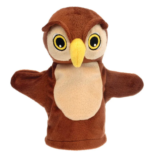 The Puppet Company My First Puppet Owl is a plush hand puppet with large yellow eyes and a beak, featuring a brown body with a beige front and open wings. It invites story time fun and is perfect for enhancing communication skills through imaginative play.