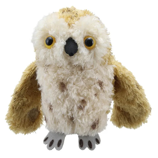The Puppet Company Tawny Owl Finger Puppet has fluffy brown and cream fur, perfect for storytelling adventures. It features large round yellow eyes, a small dark beak, and grey felt feet, creating an adorable and cuddly appearance.
