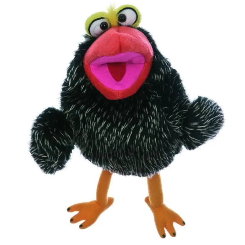 Petriezius the Sparrow Hand Puppet – 25cm features fuzzy black and white fur, large yellow eyes, a wide open pink and red beak, plus orange legs and webbed feet.