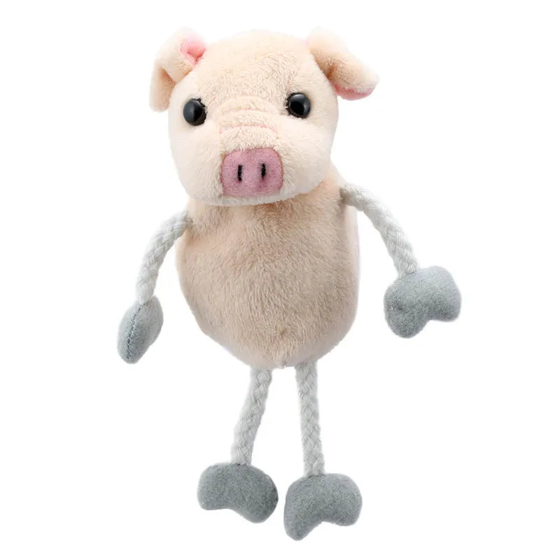 The Puppet Company Pig Finger Puppet has a beige body, pink snout, floppy ears, gray stuffed hooves, and rope legs. Its cute and cuddly appearance makes it perfect for storytelling and imaginative adventures.