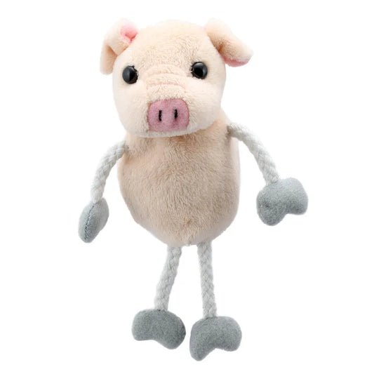 The Puppet Company Pig Finger Puppet has a beige body, pink snout, floppy ears, gray stuffed hooves, and rope legs. Its cute and cuddly appearance makes it perfect for storytelling and imaginative adventures.