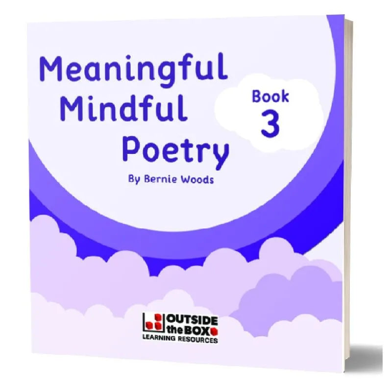 The image shows a book titled "Meaningful Mindful Poetry 11 to 14 Years" with a purple and white cover, cloud illustrations, and the "Outside the Box Learning Resources" logo, promoting mindful poetry for emotional wellbeing in children.