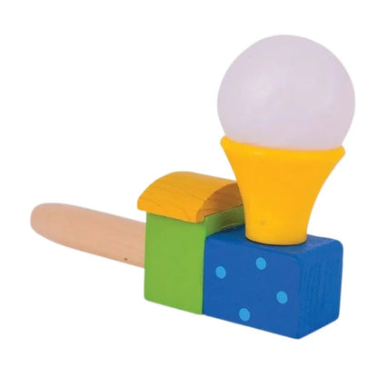 Introducing the Bigjigs Puffing Train, a vibrant wooden toy hammer with a sturdy wooden handle, ideal as a stocking filler. It boasts a blue and green base with yellow accents and is topped with a round white head adorned with small blue polka dots. Perfect for sparking joy while subtly assisting in the development of mouth muscles through play.