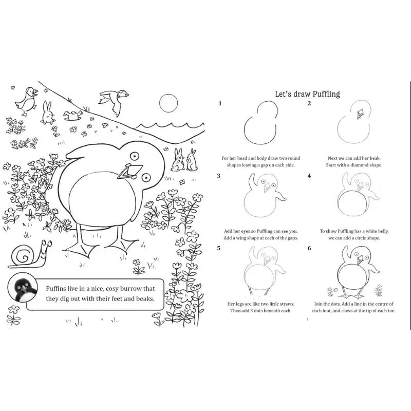 The Where Are You, Puffling? Colouring Book features a step-by-step guide and coloring page on drawing a puffin—perfect for nature lovers, with instructions and scenes inspired by the beloved story.
