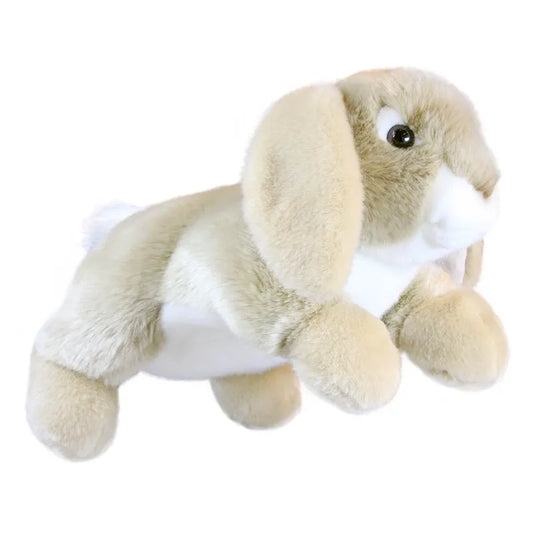 The Puppet Company Full-bodied Hand Puppet Rabbit is a soft, light brown and white puppet with floppy ears, a white nose, and a fluffy tail, designed in a lying-down position.