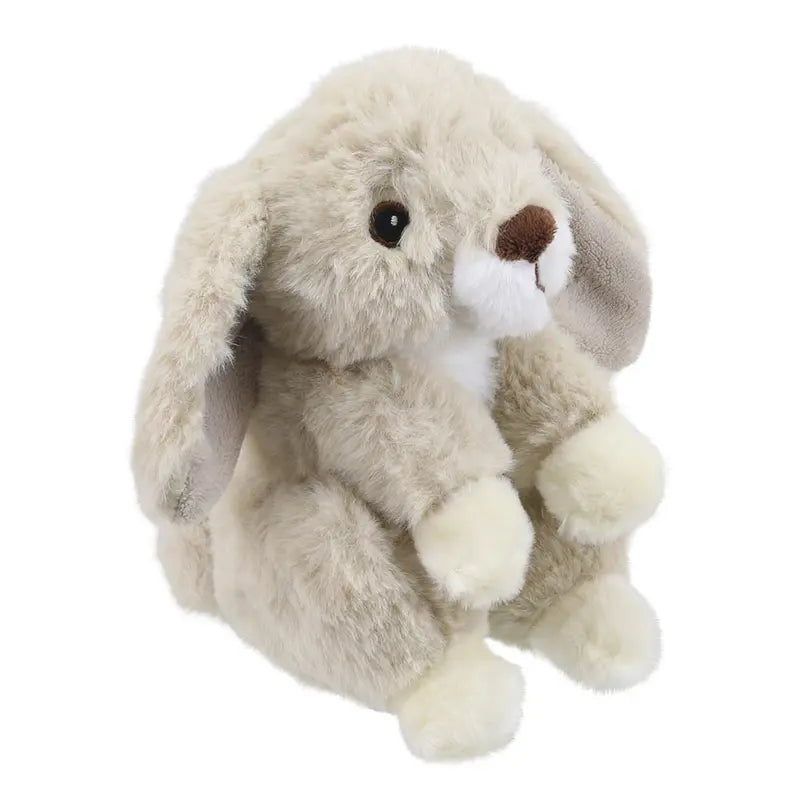 The Wilberry Eco Mini Rabbit is a soft, light brown plush with floppy ears, white paws, and a white nose. Crafted from eco-friendly recycled materials, it sits upright against a white background.