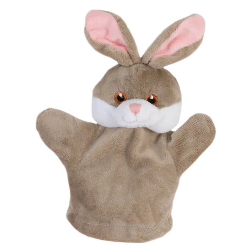 The Puppet Company My First Puppet Rabbit is a soft hand puppet with gray fur, pink inner ears, orange eyes, and white fur around its mouth and nose. Its gentle expression makes it ideal for story time and imaginative play to enhance communication skills.