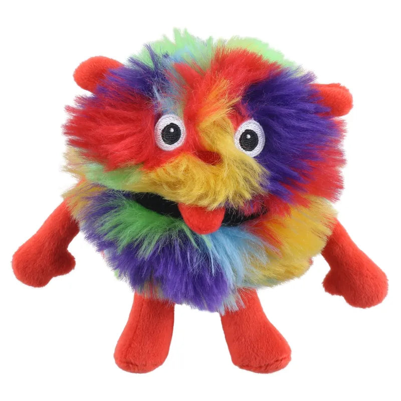 The Fuzzle Micro Monster Finger Puppet by The Puppet Company features rainbow-colored fur, big googly eyes, a pink tongue, plus four red limbs and ears—making it a perfect cuddly friend for any child.