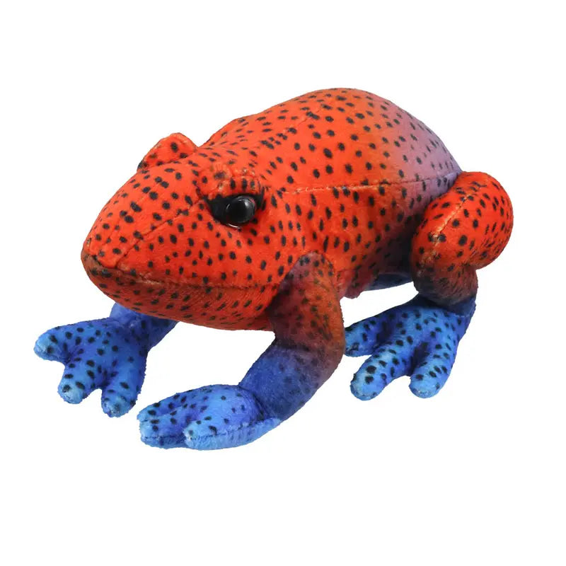 The Puppet Company Red Frog Finger Puppet from the Little Creatures Range features a red and black spotted body with blue spotted legs, perfect for imaginative play. Shown here on a white background.
