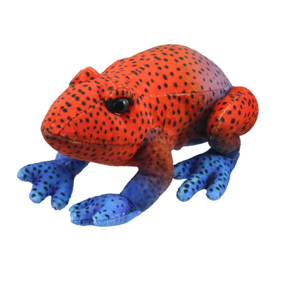 The Puppet Company Red Frog Finger Puppet from the Little Creatures Range features a red and black spotted body with blue spotted legs, perfect for imaginative play. Shown here on a white background.