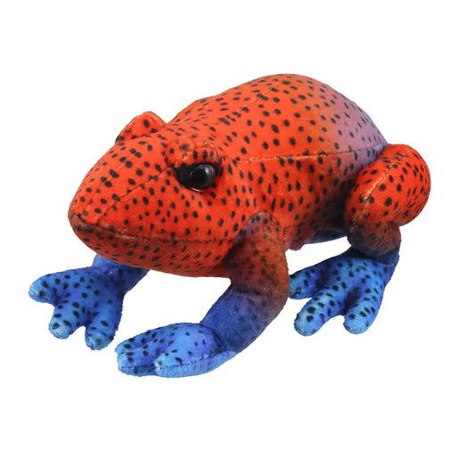 The Puppet Company Red Frog Finger Puppet from the Little Creatures Range features a red and black spotted body with blue spotted legs, perfect for imaginative play. Shown here on a white background.