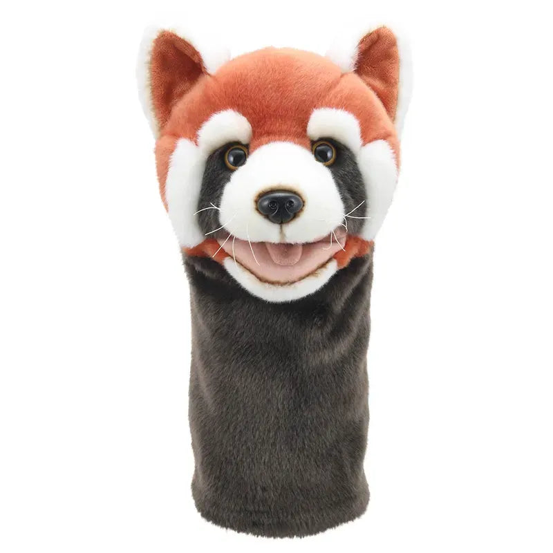 Meet the Jumbo Friends Red Panda Hand Puppet: a cheerful companion with smiling expression, reddish-brown soft fur, white facial markings, and dark ears. Designed to fit on your hand with its dark gray body, it effortlessly brings stories to life.
