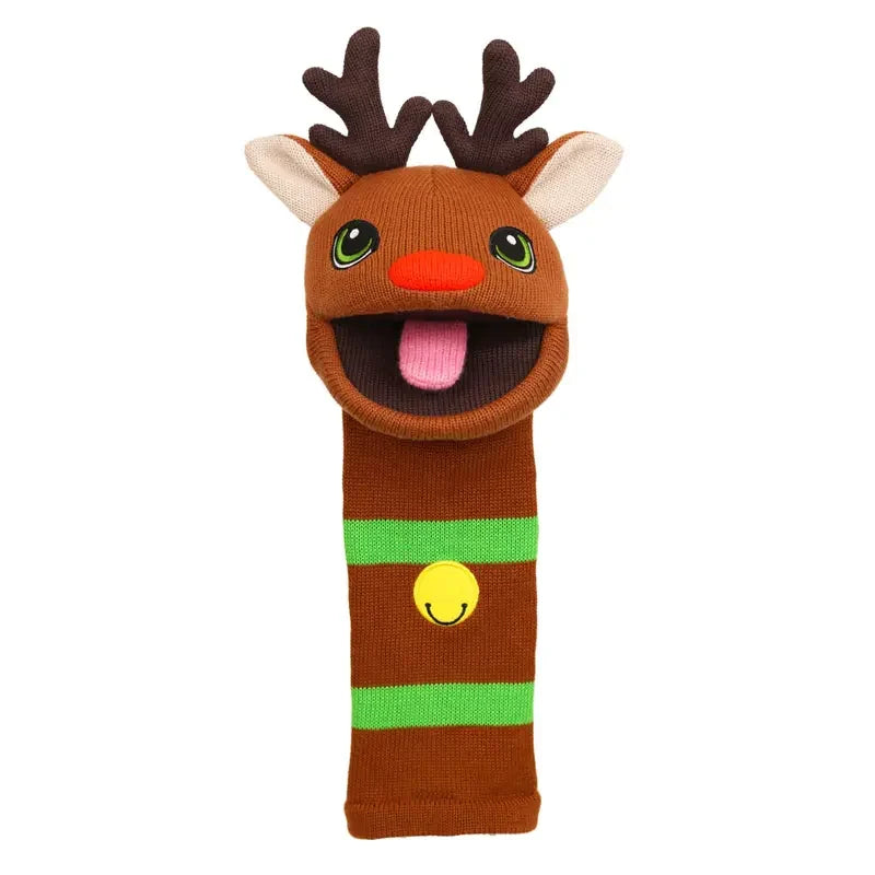 The Puppet Company Sockette Reindeer is a charming brown reindeer sock puppet featuring antlers, a red nose, big eyes, green stripes, and a yellow button. With its mouth open and pink tongue showing, this delightful knitted Christmas puppet makes the perfect gift for kids and puppet enthusiasts alike.