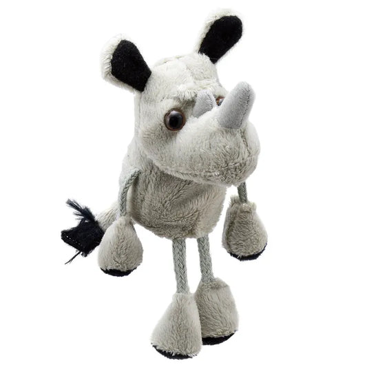 Introducing The Puppet Company Rhino Finger Puppet: a delightful plush toy crafted in the likeness of a rhinoceros. With its oversized legs, distinctive horn on the forehead, and prominent black eyes, nose, ears, and tail tip, this finger puppet brings imaginative adventures to life against a plain white background.