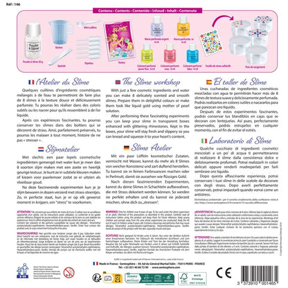 Back of Sentosphere Slime Workshop box displays kit contents—powders, cups, spatulas, bottles, illustrated instructions. Description and instructions are provided in French, English, Dutch, Spanish, German, and Italian.