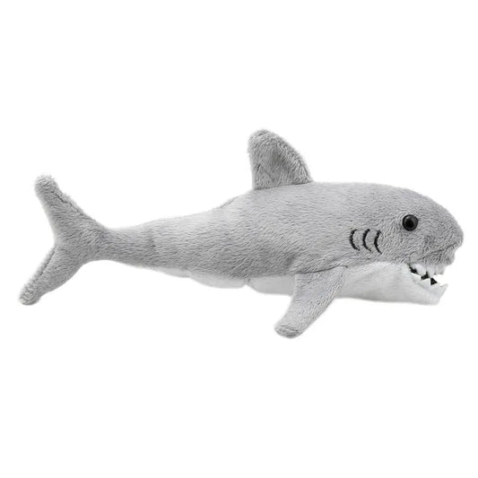 The Puppet Company Great White Shark Finger Puppet features a white underside, black eyes, stitched gills, and an open mouth with felt teeth—ideal for storytime fun or as a cute plush toy.