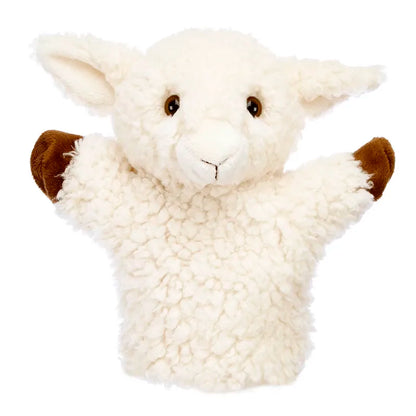 The Puppet Company CarPets White Sheep is a fluffy hand puppet with brown inner ears and hooves, black stitched eyes, and a sweet smile—ideal for keeping families entertained on long car journeys. Shown on a plain white background.