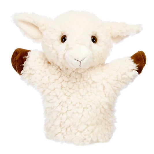The Puppet Company CarPets White Sheep is a fluffy hand puppet with brown inner ears and hooves, black stitched eyes, and a sweet smile—ideal for keeping families entertained on long car journeys. Shown on a plain white background.