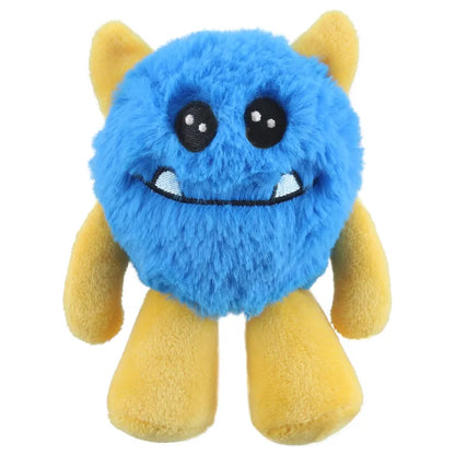 Snaggle Micro Monster Finger Puppet by The Puppet Company features a round, fluffy blue body, big black eyes with white highlights, a small black smile with two white fangs, plus yellow arms, legs, and ears—the perfect cuddly buddy!.