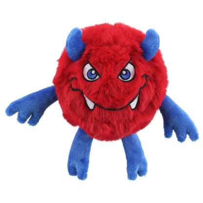 The Snerk Micro Monster Finger Puppet by The Puppet Company is a round, red plush with a furry texture, blue horns, arms, and legs, plus an embroidered mischievous face featuring sharp white fangs and large expressive eyes.