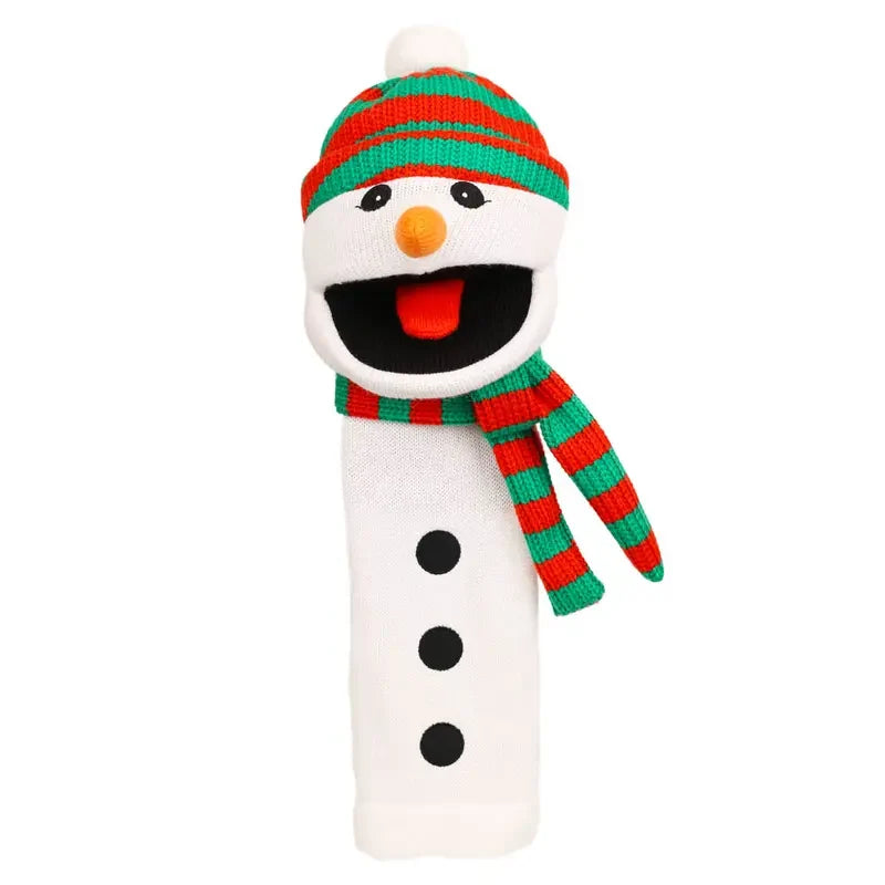 The Puppet Company Sockette Snowman is a charming sock puppet featuring a red and green striped hat, matching scarf, carrot nose, black button eyes, and three black buttons down the front. Crafted from recycled materials, this playful puppet has an open mouth with a cheerful expression—making it a delightful Christmas gift for kids or anyone young at heart.