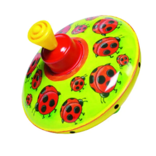 The Spinning Top Ladybird is a colorful tin toy featuring red and black ladybirds on a bright green surface, with a yellow and red handle.