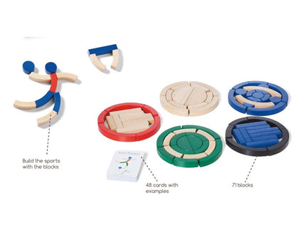 The Buitenspeel Sport Blocks Puzzle Game includes wooden blocks sorted in circular trays, 48 example cards, and a model sports figure—an engaging, colorful toy for creative learning and problem-solving play.