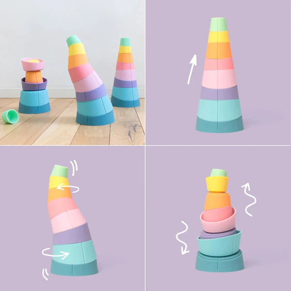 A series of pictures demonstrating the assembly process of a Stak Baby Toy, promoting fine-motor skills development through sensory play.