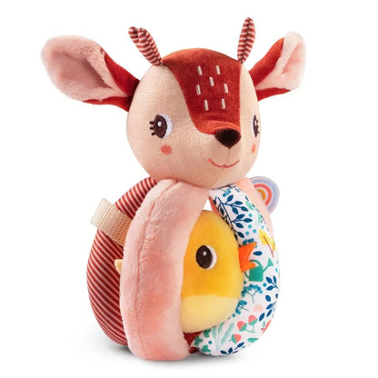 The Lilliputiens I'm Discovering Stella The Faon Rattle With Handles is a plush deer toy in red, white, and pink with an embroidered face. It holds a yellow chick adorned with floral designs, has striped ears and textured accents, and delights little ones as a sound toy.