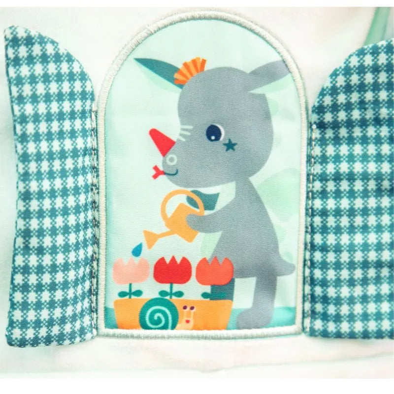 The Lilliputiens I'm Discovering Stella & Joe House Soft Discovery Panel features a cartoon donkey watering flowers with a can, surrounded by checkered borders and a snail among the pastel blooms. It's an adorable baby gift ideal for any nursery!.