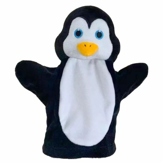 The Puppet Company My First Christmas Puppet Penguin is a black and white hand puppet with a yellow beak and blue eyes, wings raised and a friendly look—ideal for Christmas or as a stocking filler. Shown against a white background.