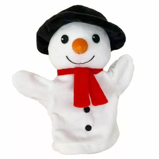 The Puppet Company My First Christmas Puppet Snowman features a black hat, orange nose, black eyes and buttons, red scarf, and big smile—ideal as a stocking filler or playful Christmas puppet. Set on a white background.