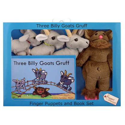 The Puppet Company Finger Puppet Story Set "Three Billy Goats Gruff" brings stories to life with its enchanting gray goat finger puppets and a mischievous brown troll puppet. The book's cover creatively illustrates the goats crossing a bridge as the troll lurks beneath, poised to capture young imaginations.