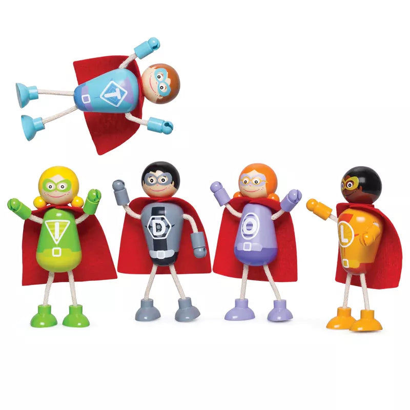 Five Superhero Figure Packs posed heroically. One flies with a red cape and blue rockets, while the others, with poseable arms and legs in various suits, stand ready for action.