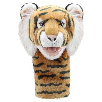 The Jumbo Friends Tiger Hand Puppet captivates with striking black stripes, fluffy white ears, and wide eyes against a plain white background. Its movable mouth adds an engaging element to storytelling.