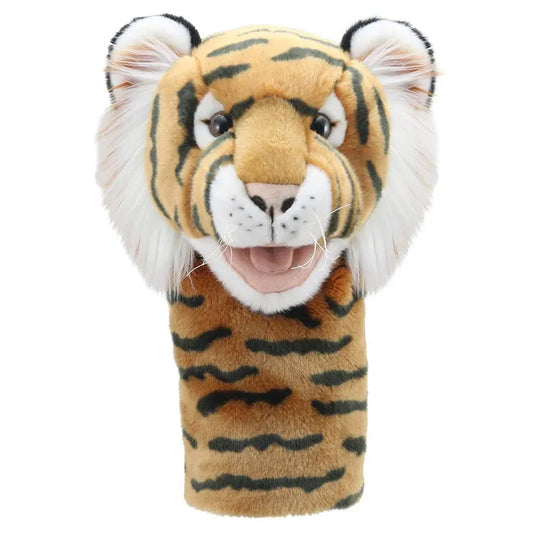 The Jumbo Friends Tiger Hand Puppet captivates with striking black stripes, fluffy white ears, and wide eyes against a plain white background. Its movable mouth adds an engaging element to storytelling.