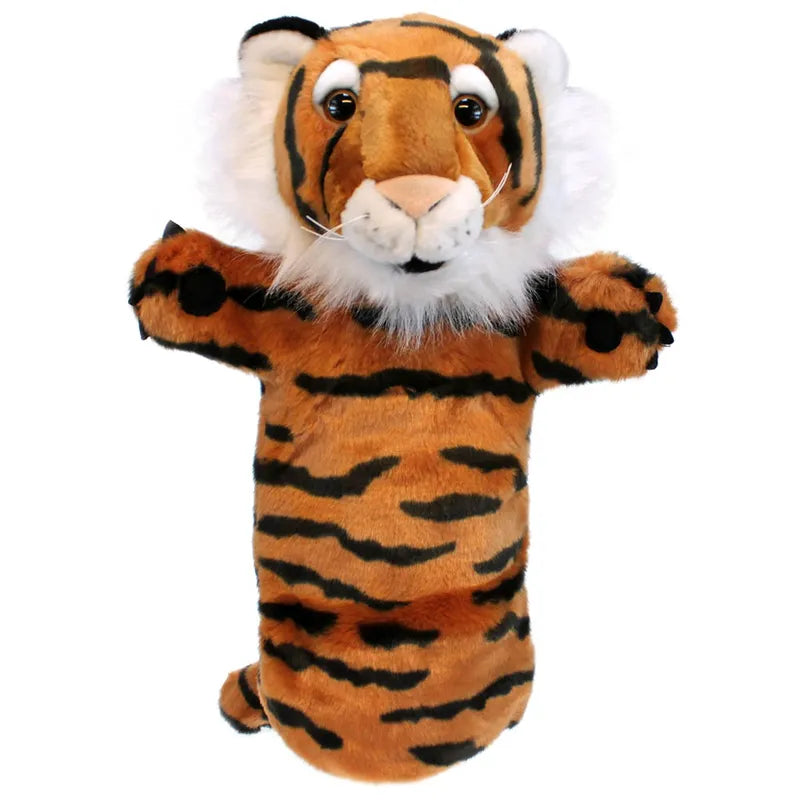The Puppet Company Long Sleeved Puppet Tiger features realistic orange and black stripes, white fur around the face, and black ears. With a friendly expression, it's perfect for puppet theatre performances and interactive play.