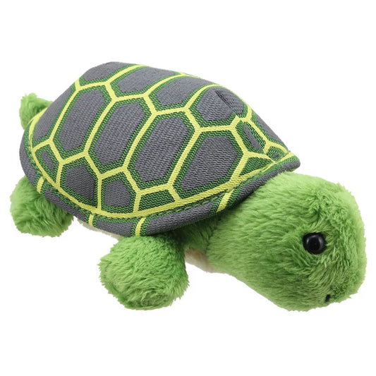 The Puppet Company Tortoise Finger Puppet features a soft green head, legs, and tail, with a gray shell showing hexagonal green and yellow patterns. It has black plastic eyes—perfect for storytelling fun.