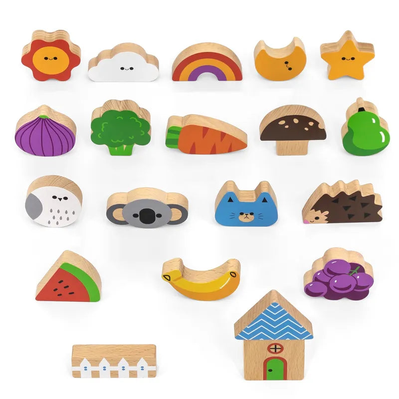 The Touch and Find Game 20 Cards features painted wooden blocks in shapes like stars, clouds, rainbows, animals, and fruit—tactile toys that help develop fine motor skills as kids arrange them on a white background.
