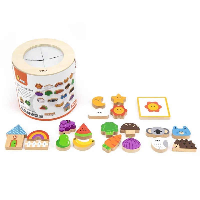 The Touch and Find Game 20 Cards is a colorful wooden tactile toy set with stars, clouds, fruits, vegetables, animals, and a house. Kids develop fine motor skills by sorting pieces into the container with the sorting lid.