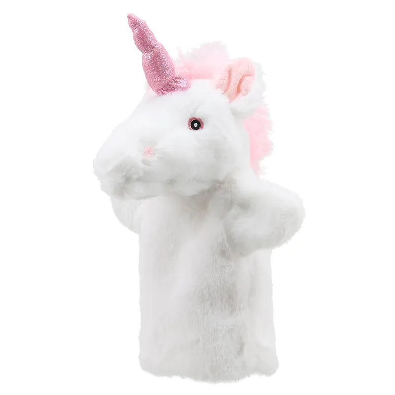 The ECO Puppet Buddies Unicorn Hand Puppet is a fluffy, white hand puppet shaped like a unicorn and crafted from 100% recycled materials. It features a shiny pink horn and mane, small black eyes, and an open mouth, making it perfect for imaginative play against the plain white background.