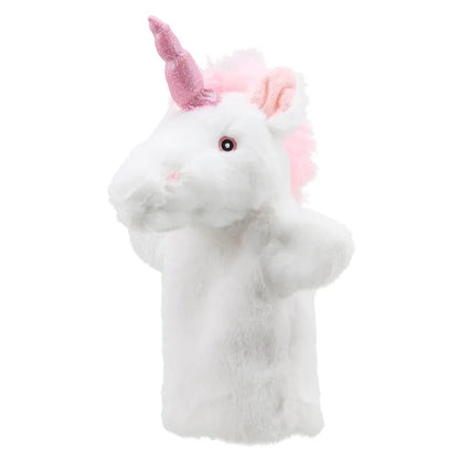 The ECO Puppet Buddies Unicorn Hand Puppet is a fluffy, white hand puppet shaped like a unicorn and crafted from 100% recycled materials. It features a shiny pink horn and mane, small black eyes, and an open mouth, making it perfect for imaginative play against the plain white background.