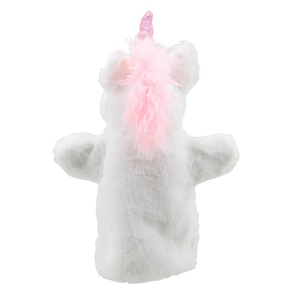 The ECO Puppet Buddies Unicorn Hand Puppet is a white plush unicorn hand puppet made from recycled materials, featuring a pink, fluffy mane and a sparkly pink horn. Ideal for imaginative play, the puppet is positioned facing away, showing its back side.