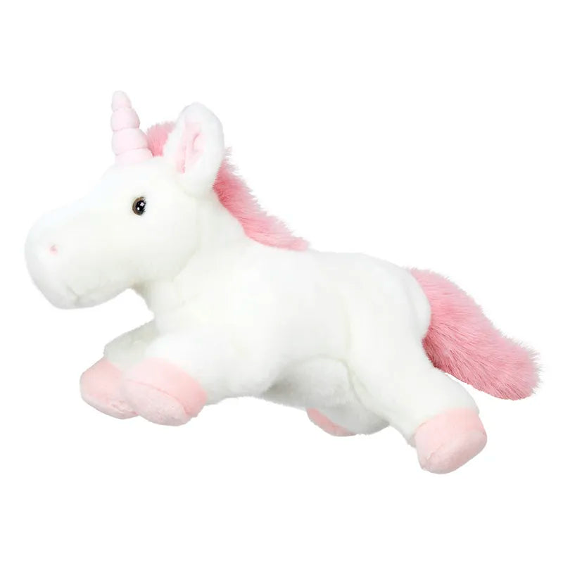 The Puppet Company Full-bodied Hand Puppet Unicorn features a white plush body, soft pink hooves, mane, tail, and horn. This unicorn puppet lies on its stomach with outstretched legs for cuddly play and imaginative storytelling.