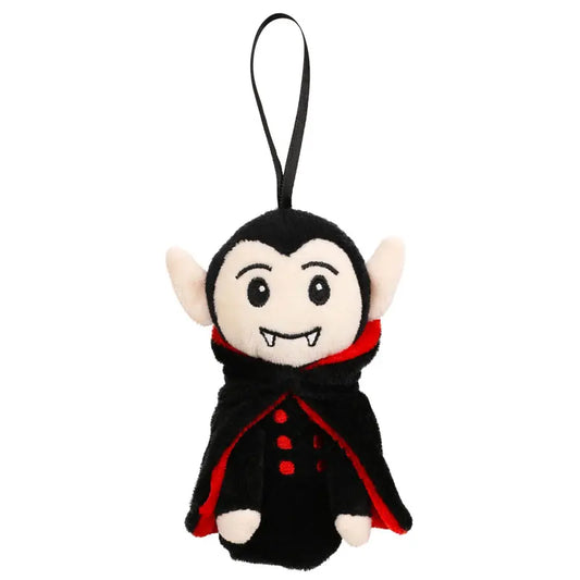 The Vampire Finger Puppet Decoration is a plush toy shaped like a cartoon vampire, featuring a black cape, red-lined collar, white fangs, and a black hanging loop on top—perfect for spooky fun as a Halloween finger puppet or as part of your festive Halloween decorations.