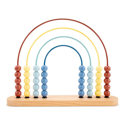 The Abacus 10 Beads is a charming counting toy with three half-circle wires, each holding five colorful beads in brown, yellow, and blue from outer to inner. It features a light wood finish on the base.