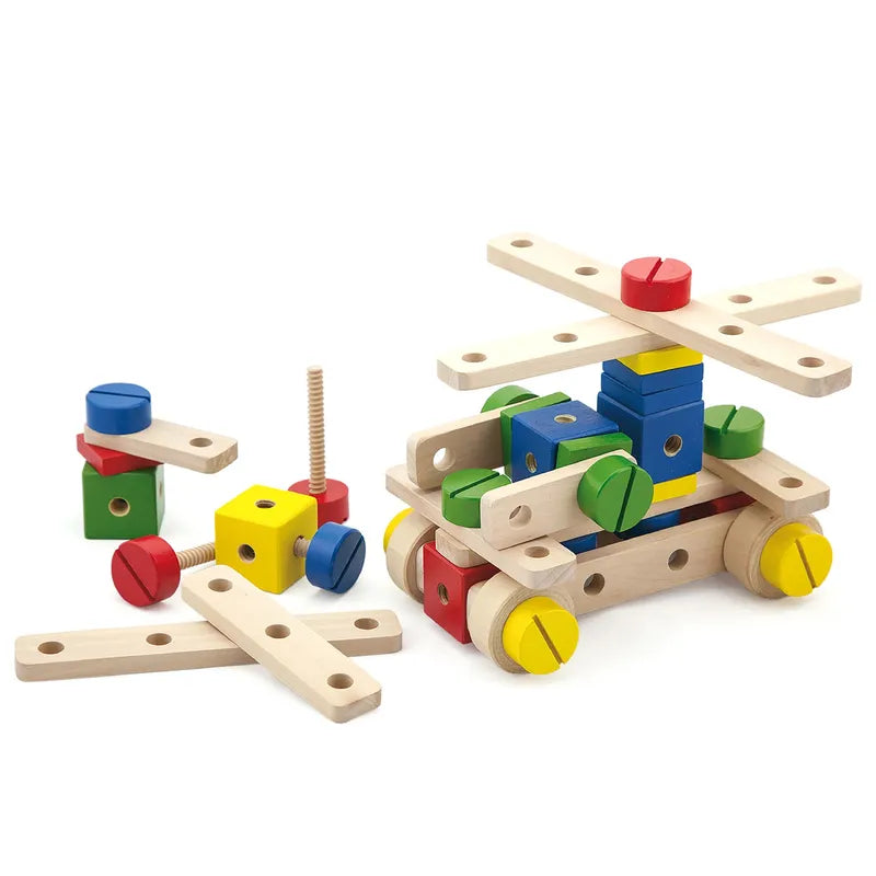 The Construction Set 53 Pieces includes colorful blocks and screws to build a playful helicopter, encouraging fine-motor skills. Extra red, blue, yellow, and green pieces are included for creative assembly.