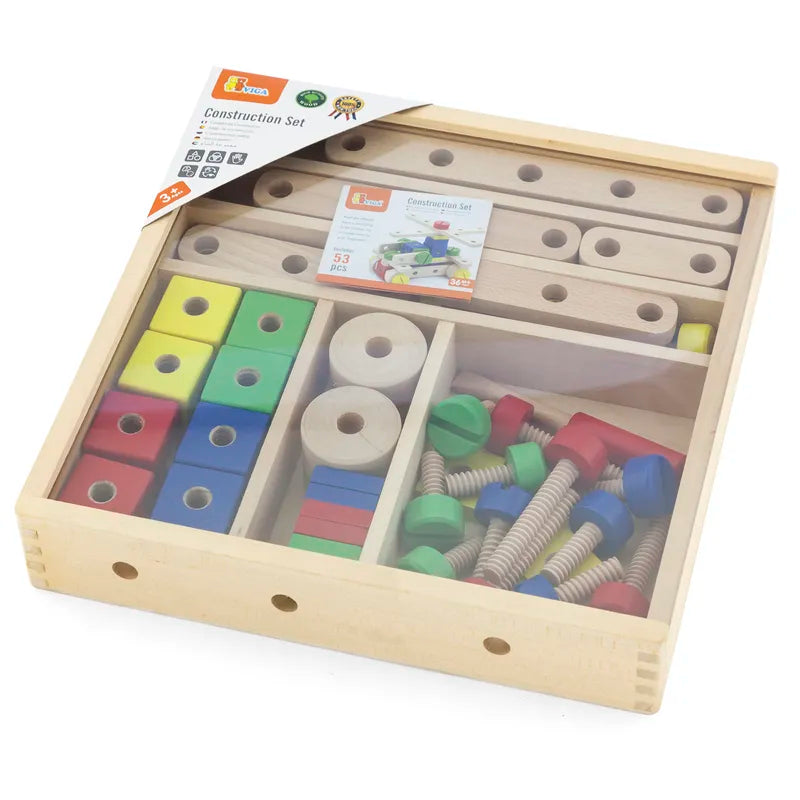 The Construction Set 53 Pieces comes in a wooden box with sections, featuring colorful blocks, wheels, pegs, and screws for children to build creative structures. Includes a transparent lid for easy viewing and storage.