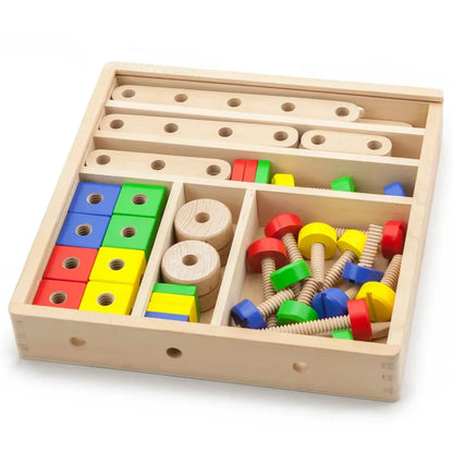 The Construction Set 53 Pieces includes colorful screws, bolts, nuts, blocks, and planks neatly organized to inspire creativity and support the development of children's fine-motor skills.